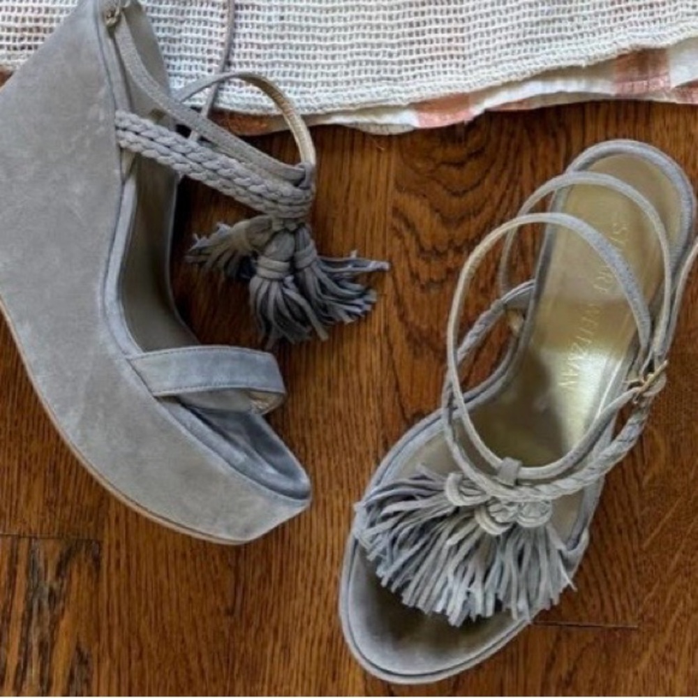 Stuart Weitzeman Gray Wedge Sandals with Tassels